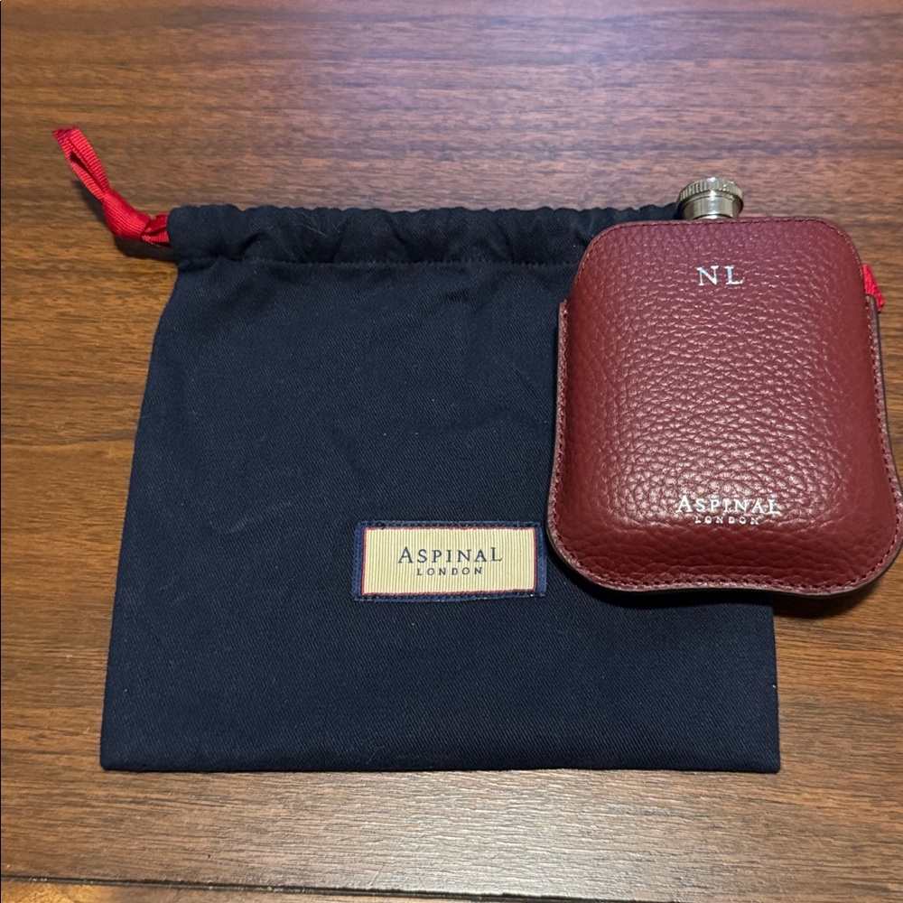 Aspinal of London Burgundy Pebble Leather Hip Flask “NL” 5oz